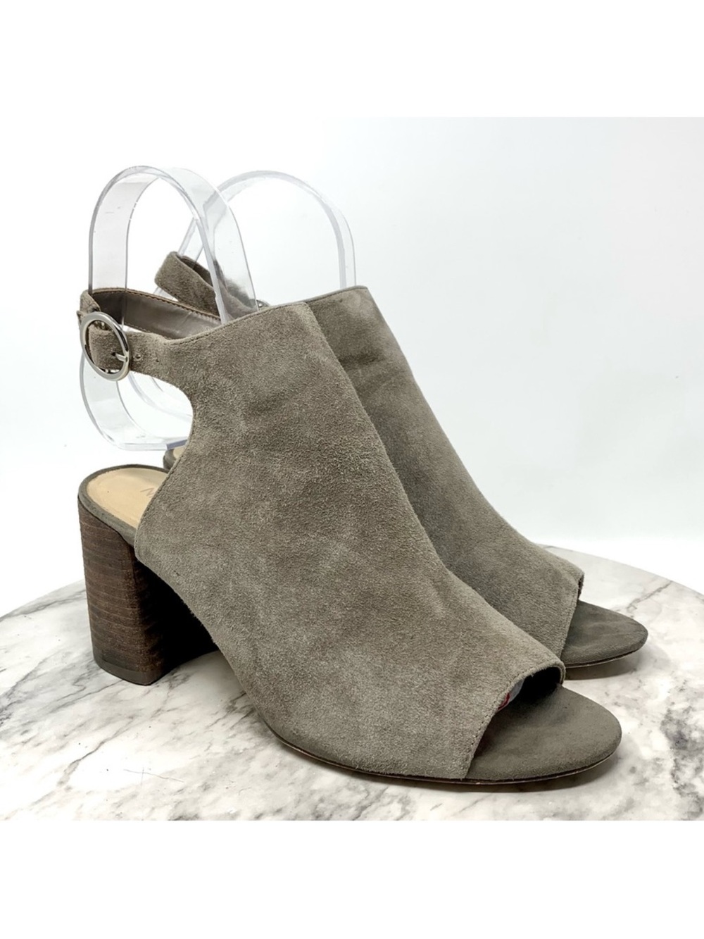Nine West Go Dance Taupe Suede Open Toe Booties 8.5 Classic Minimalist Edgy Chic